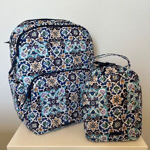 NWT Vera Bradley Essential Large Backpack & Lunch Bunch Lunch Bag Blue Yellow